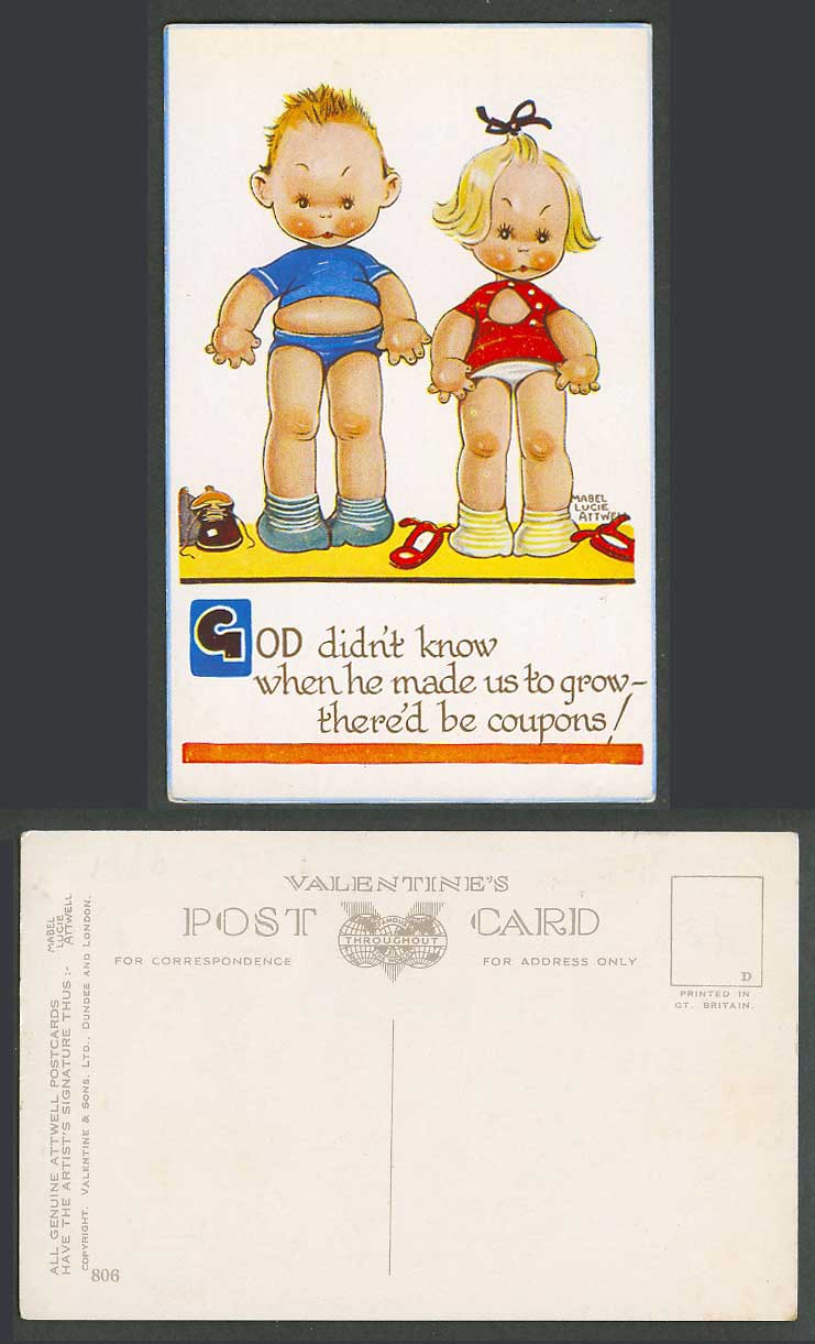 MABEL LUCIE ATTWELL Old Postcard God Didn't Know When He Made Us Grow Coupon 806