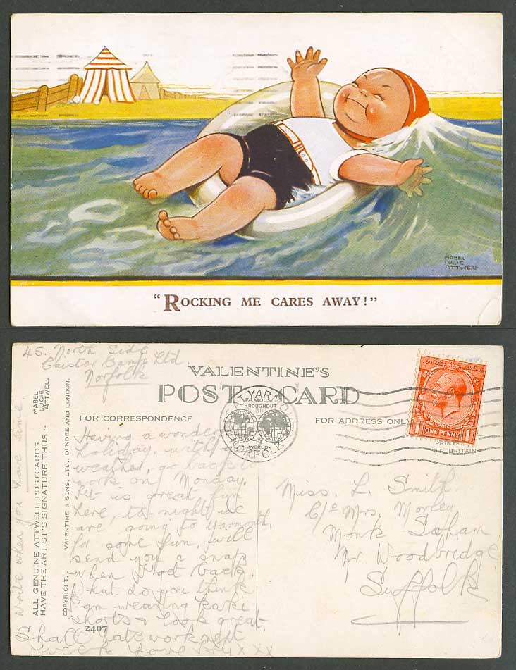MABEL LUCIE ATTWELL 1934 Old Postcard Rocking Me Cares Away! Lifebelt Beach 2407