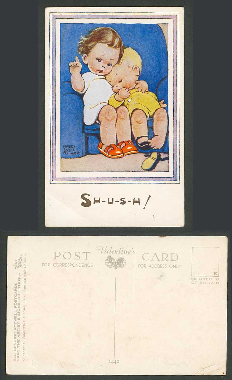 MABEL LUCIE ATTWELL Old Postcard Boy Sleeping Girl Says SH-U-S-H! Children 1442