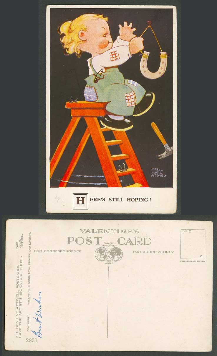MABEL LUCIE ATTWELL Old Postcard Heres Still Hoping Hammer Ladder Horseshoe 2831