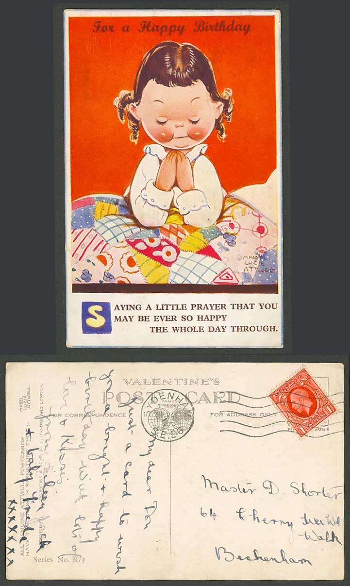 MABEL LUCIE ATTWELL 1935 Old Postcard Girl Saying a Little Prayer, Birthday, R/3
