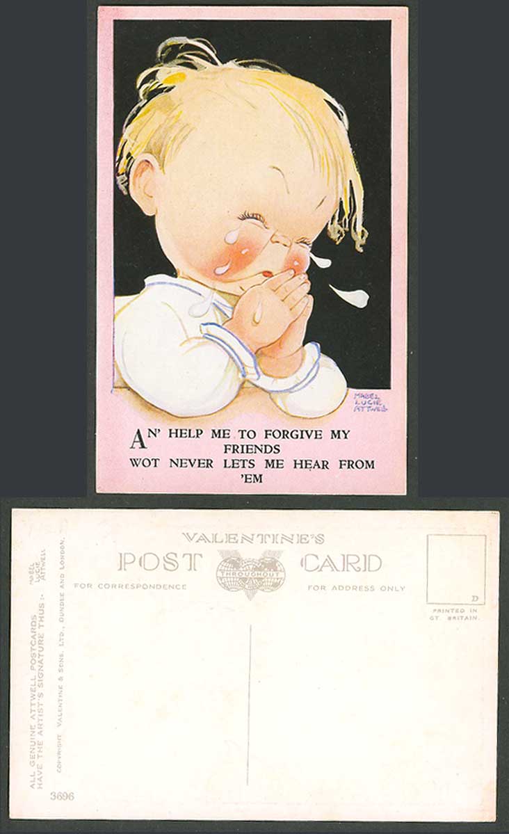 MABEL LUCIE ATTWELL Old Postcard Prayer Tears, Help Me to Forgive My Friend 3696