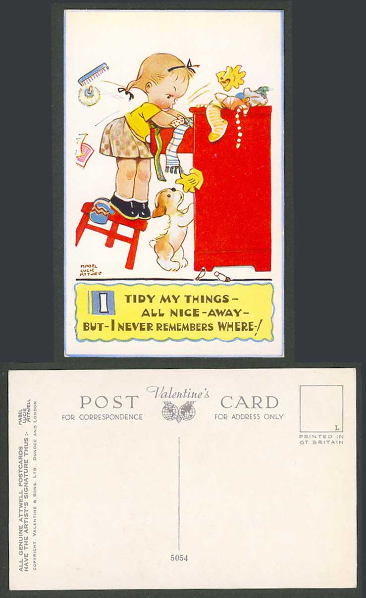 MABEL LUCIE ATTWELL Old Postcard Tidy My Thing But Never Remember Where Dog 5054