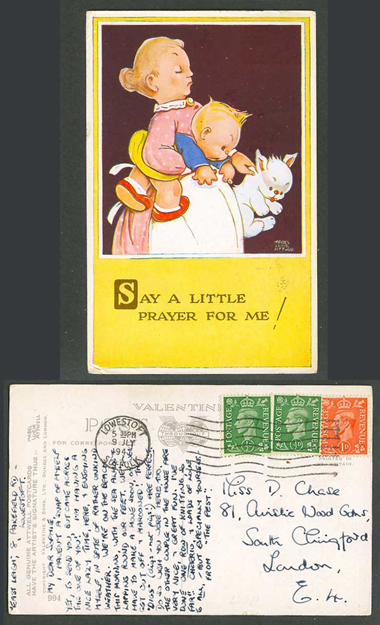 MABEL LUCIE ATTWELL 1947 Old Postcard Say Little Prayer for Me Boy Dog Puppy 994