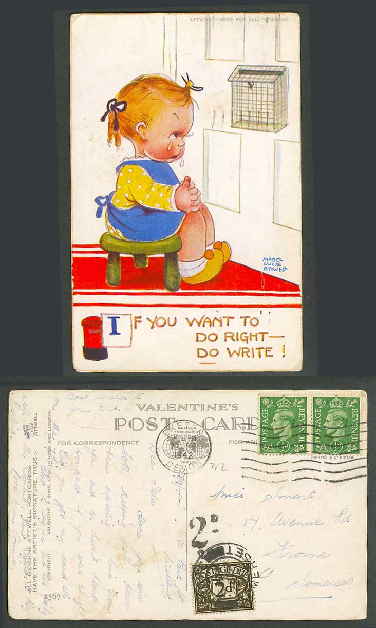 MABEL LUCIE ATTWELL Dues 1942 Old Postcard If You Want to Do Right Do Write 1547