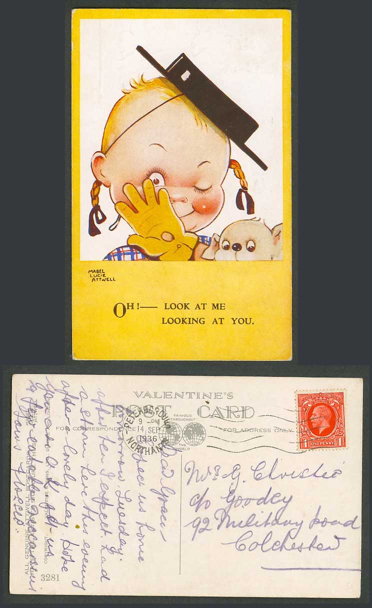 MABEL LUCIE ATTWELL 1936 Old Postcard Girl Dog Oh Look at me looking at you 3281