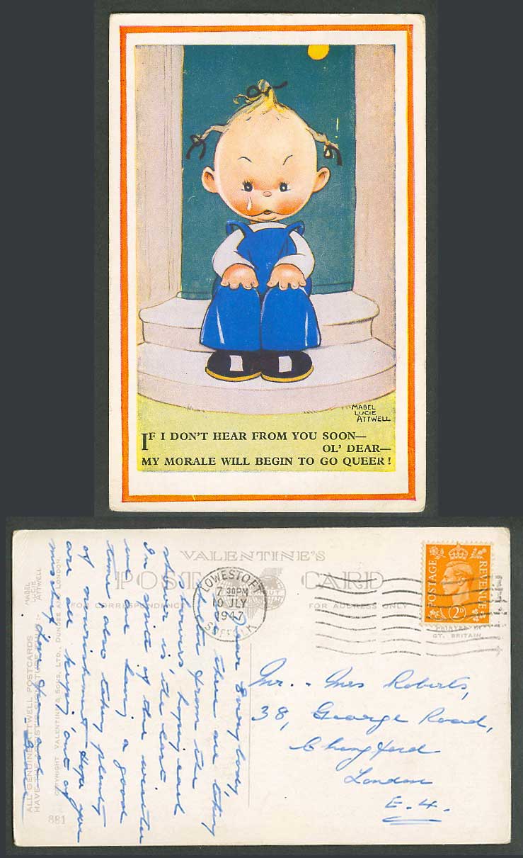 MABEL LUCIE ATTWELL 1947 Old Postcard If I Don't Hear from U Morale Go Queer 881