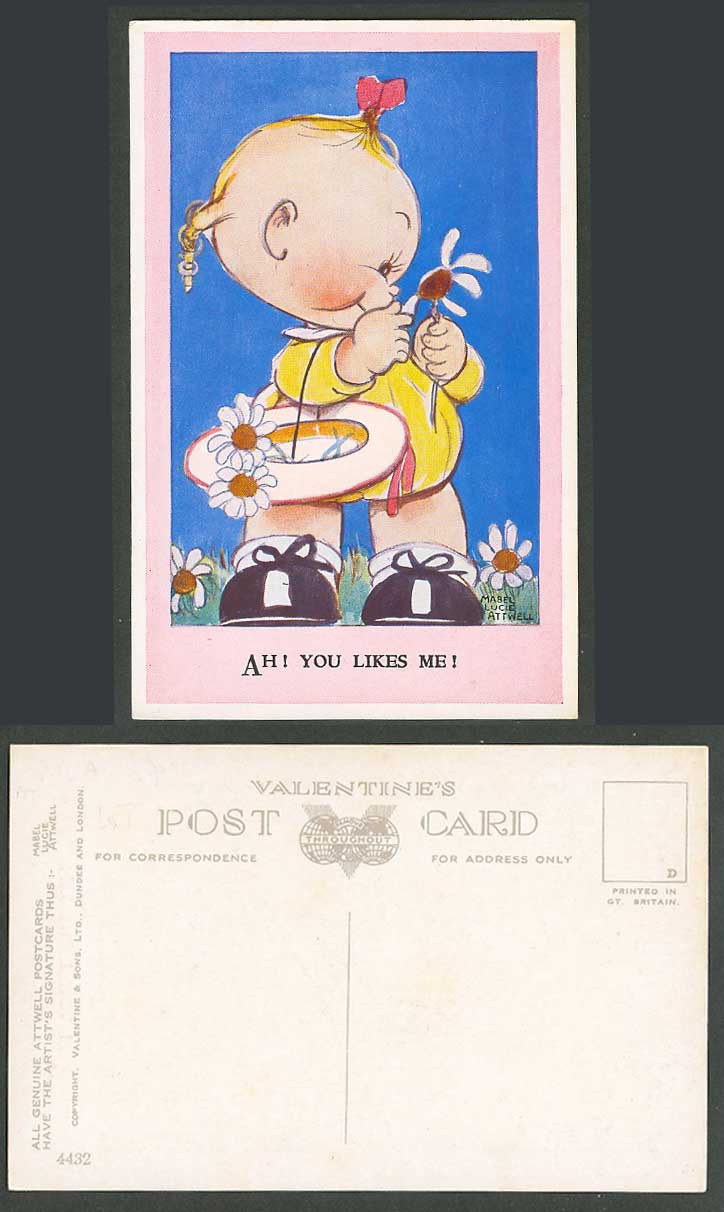 Mabel Lucie Attwell Old Postcard Ah! You Likes Me! Girl Count Flower Petals 4432