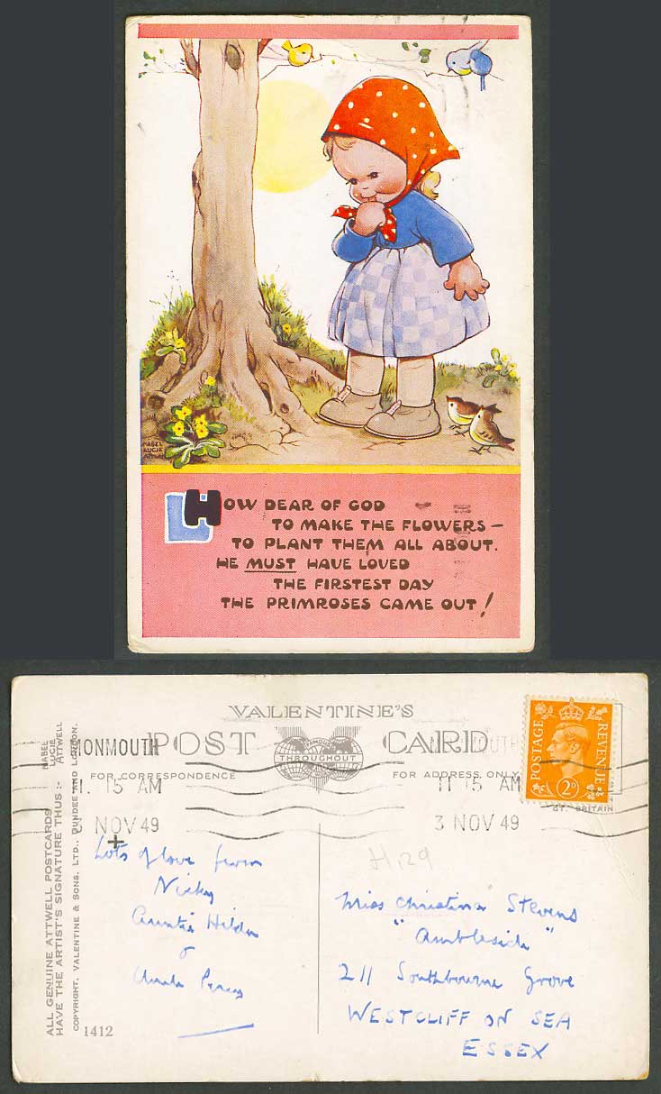 MABEL LUCIE ATTWELL 1949 Old Postcard Primrose How Dear of God Make Flowers 1412