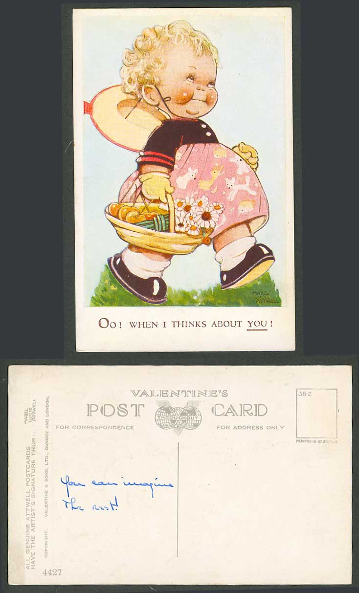 MABEL LUCIE ATTWELL Old Postcard Oo! When I Thinks About You! Girl, Basket 4427