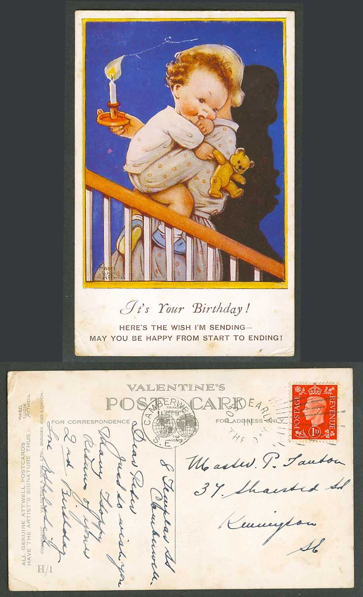 MABEL LUCIE ATTWELL 1937 Old Postcard TEDDY BEAR It's Your Birthday The Wish H/1