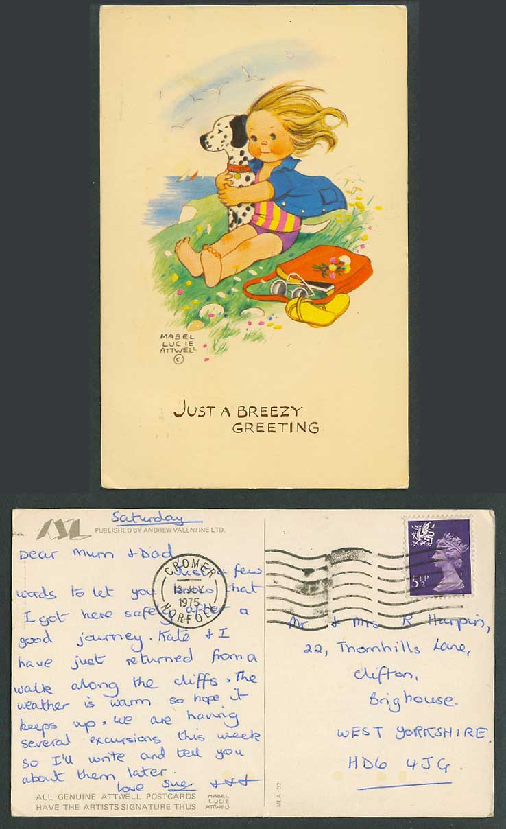 MABEL LUCIE ATTWELL 1975 Postcard Girl Dalmatian Dog Just Breezy Greeting MLA 32