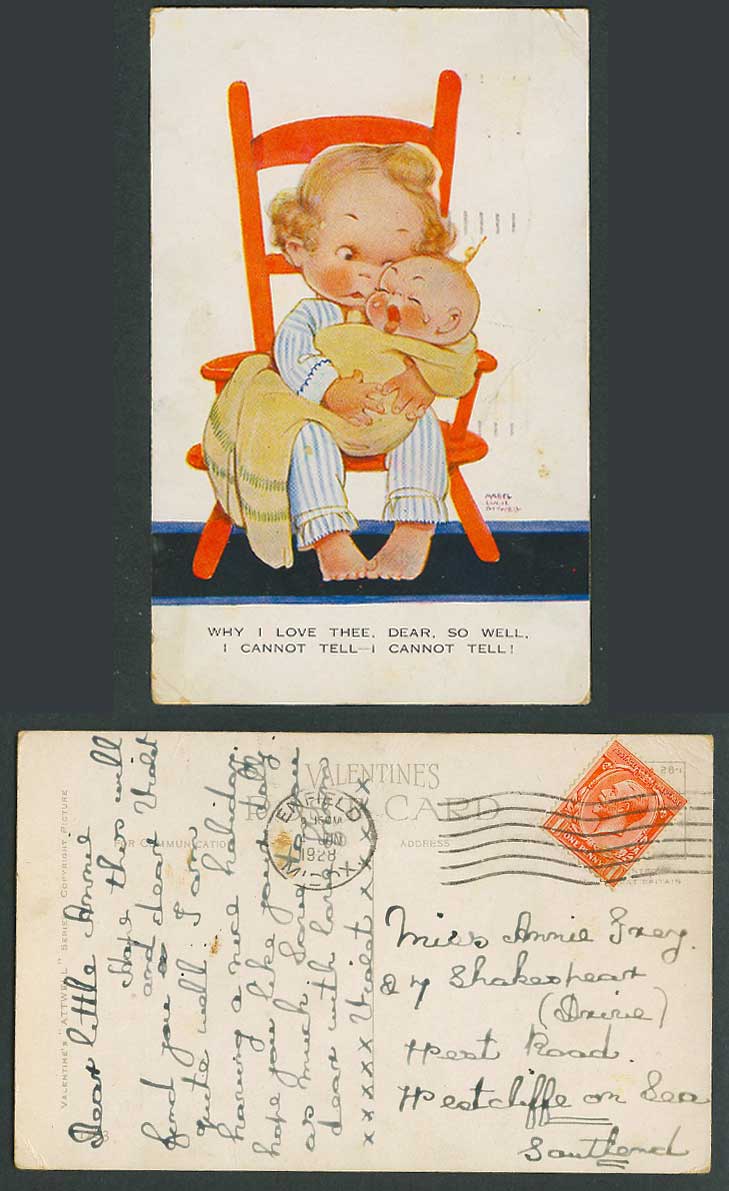 MABEL LUCIE ATTWELL 1928 Old Postcard Girl Baby Cry Why I Love Thee So Well 1283