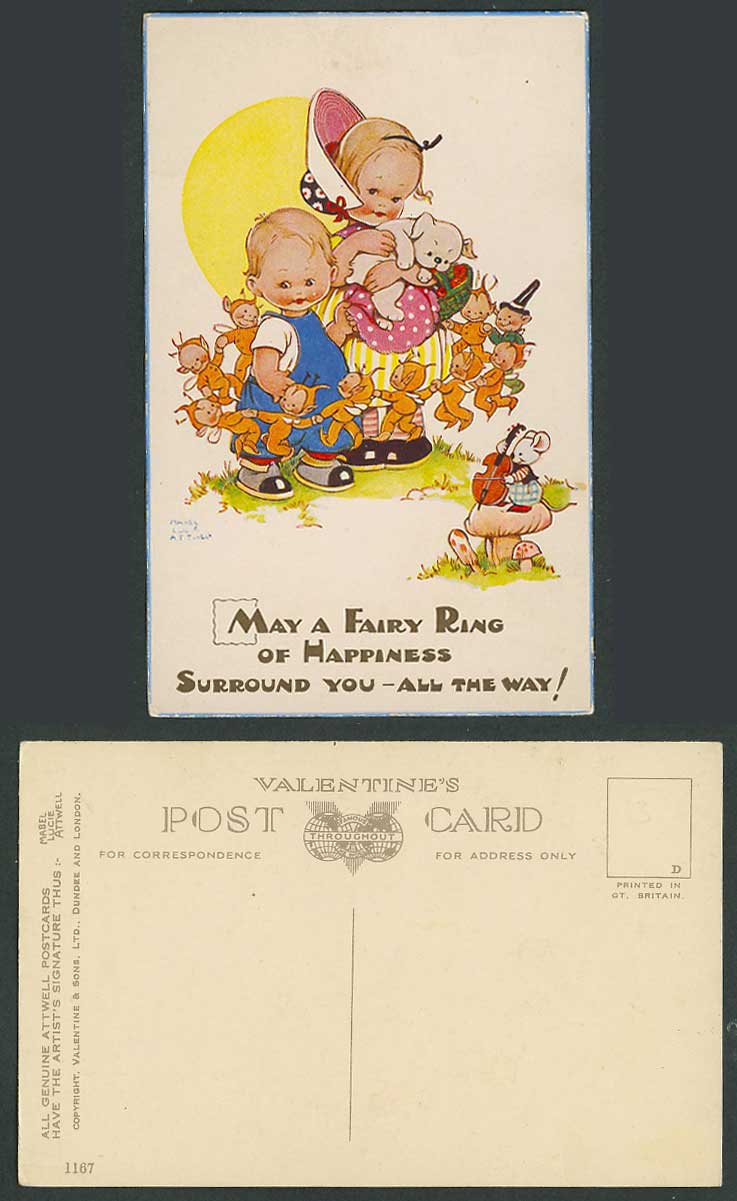 MABEL LUCIE ATTWELL Old Postcard Fairy Ring Happiness Fairies Dog Mouse Rat 1167