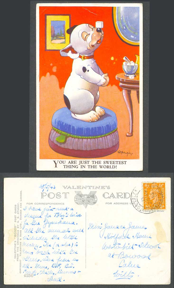 BONZO DOG GE Studdy 1943 Old Postcard UR Sweetest Thing in World Sugar Cube 4250