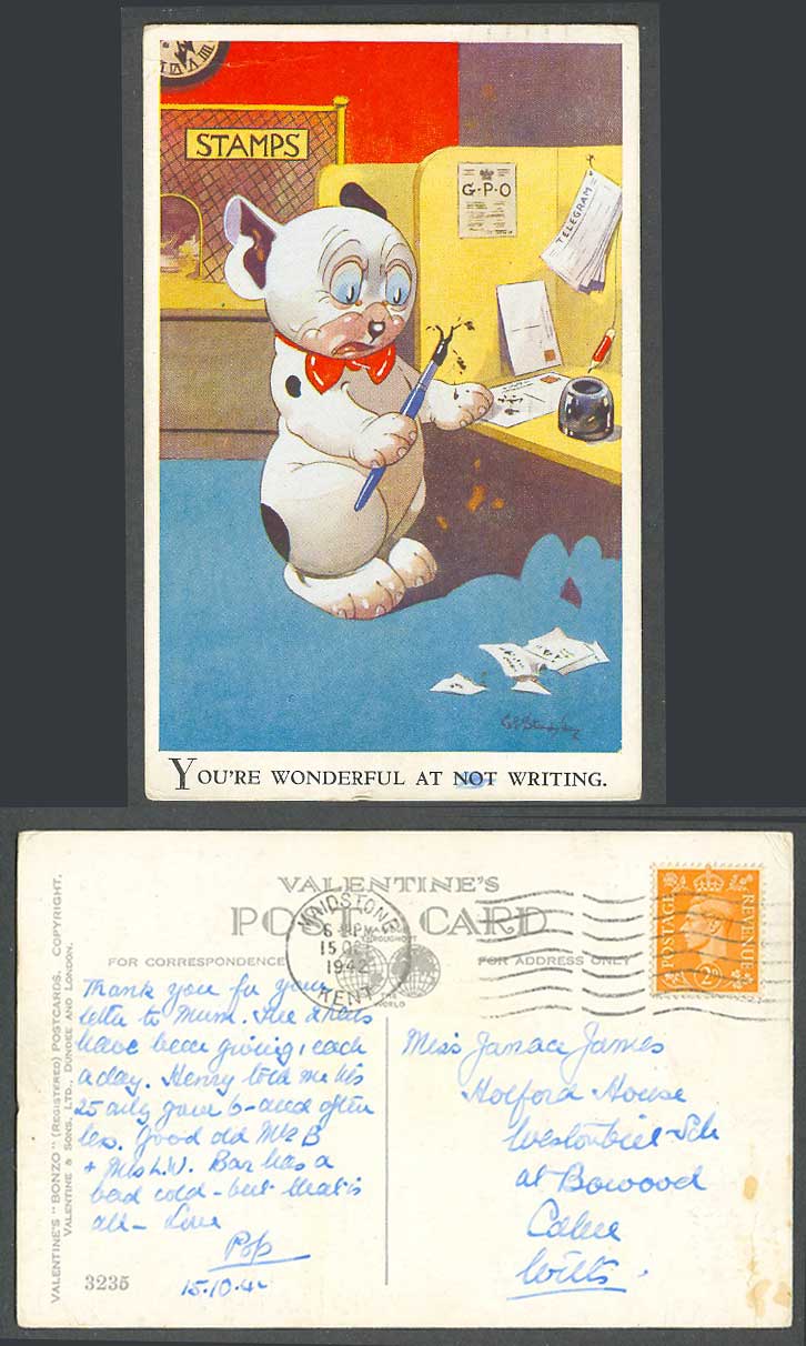 BONZO DOG GE Studdy 1942 Old Postcard You Are Wonderful at Not Writing. GPO 3235