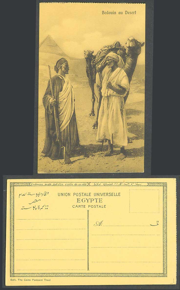 Egypt Old Postcard Bedouin au Desert Pyramid Natives and Camels Beduin Men & Gun