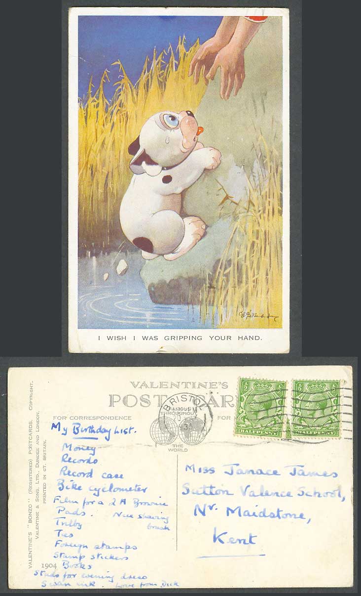 BONZO DOG GE Studdy 1935 Old Postcard I Wish I Was Gripping Your Hand Puppy 1904