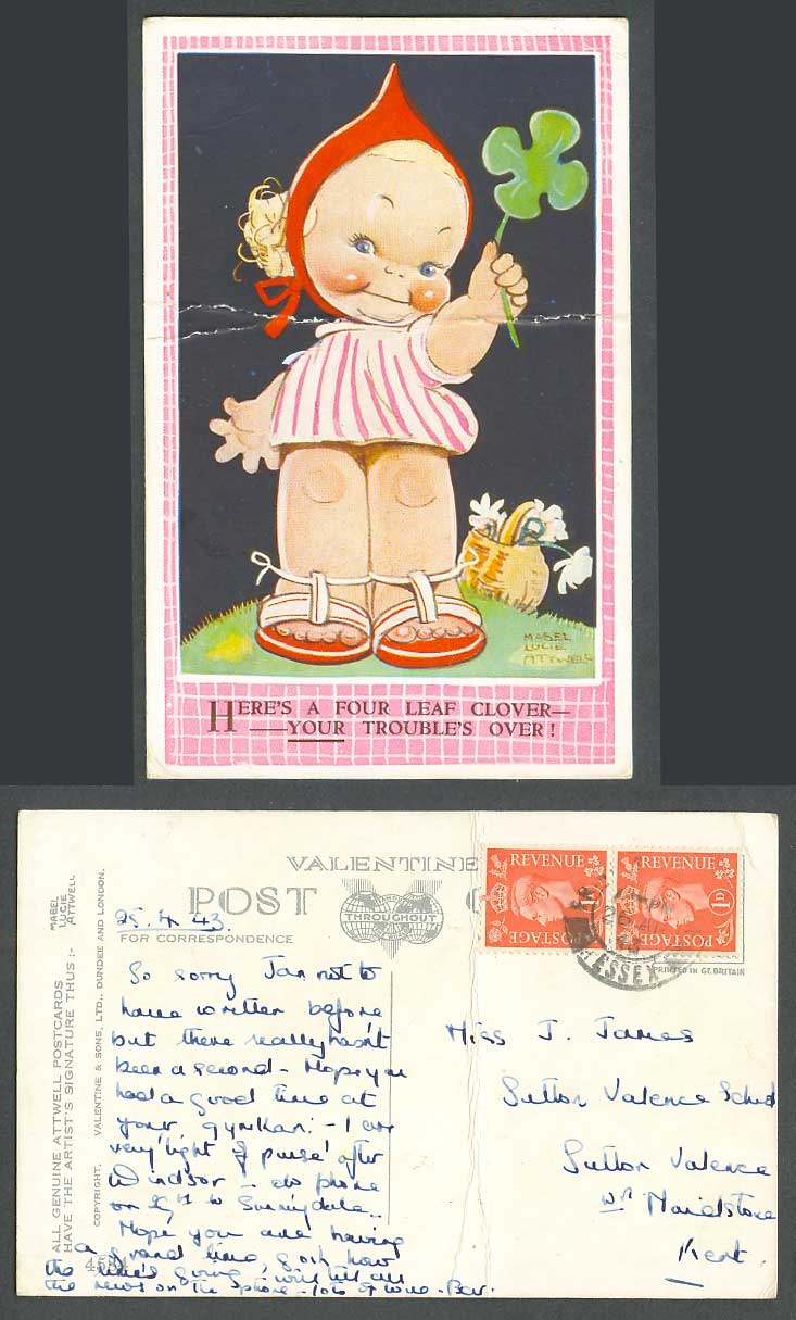 MABEL LUCIE ATTWELL 1943 Old Postcard Here's a 4 Leaf Clover Trouble's Over 4584