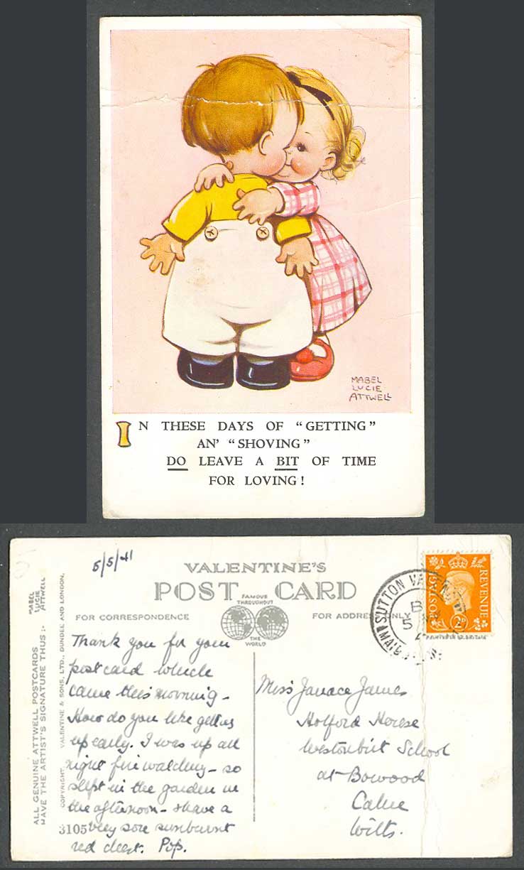 MABEL LUCIE ATTWELL 1941 Old Postcard Hug Do Leave a Bit of Time for Loving 3105