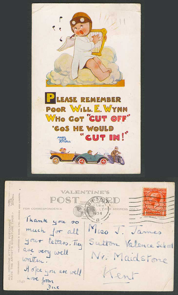 MABEL LUCIE ATTWELL 1934 Old Postcard Angel Play Harp Motor Cars Motorcycle 2640