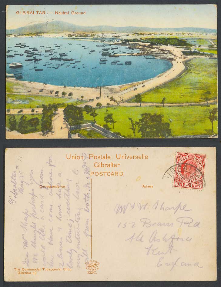 Gibraltar KE7 1d 1911 Old Colour Postcard Neutral Ground, Harbour, Boats Streets