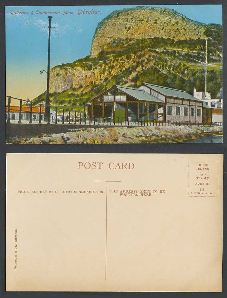 Gibraltar Old Colour Postcard Galleries & Commercial Mole, Hill, Benzaquen & Co.