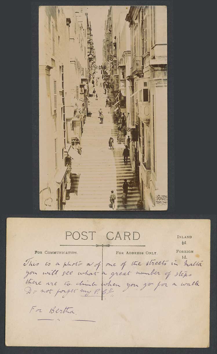 Malta Old Real Photo Postcard S Santa Lucia Steps Street Scene Valletta FALDETTA