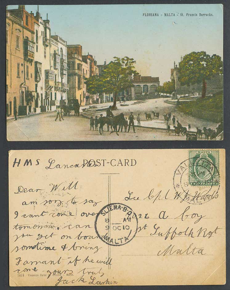 Malta 1910 Old Postcard Floriana St. Francis Barracks Goats Street HMS Lancaster