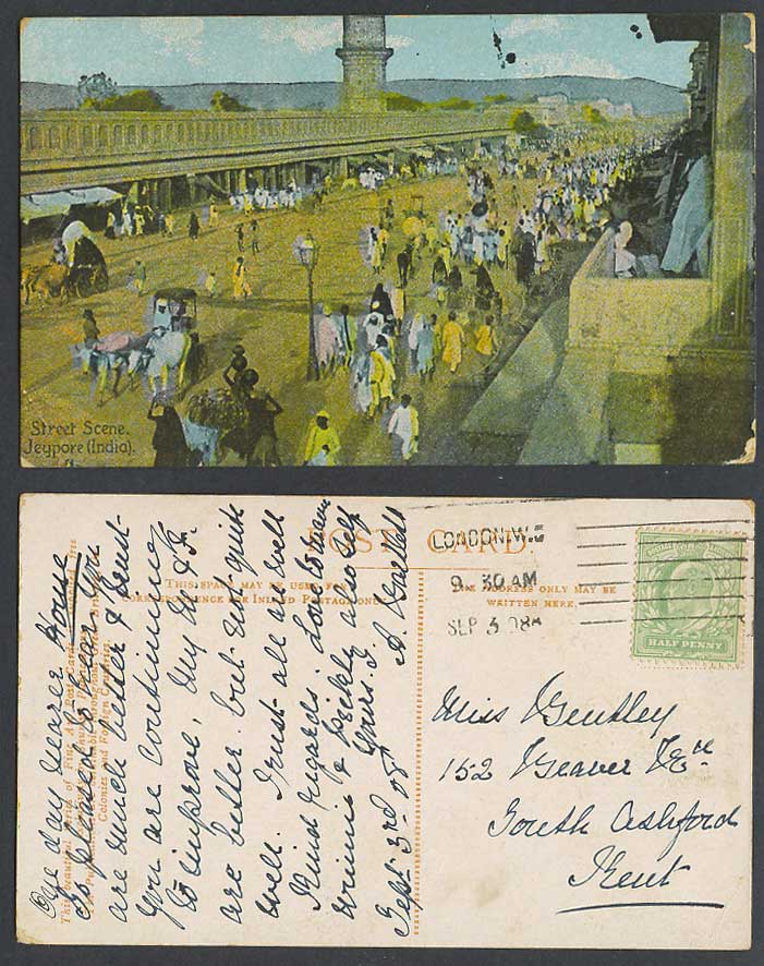 India 1908 Old Colour Postcard Jaipur Jeypore, Native Street Scene, Bullock Cart