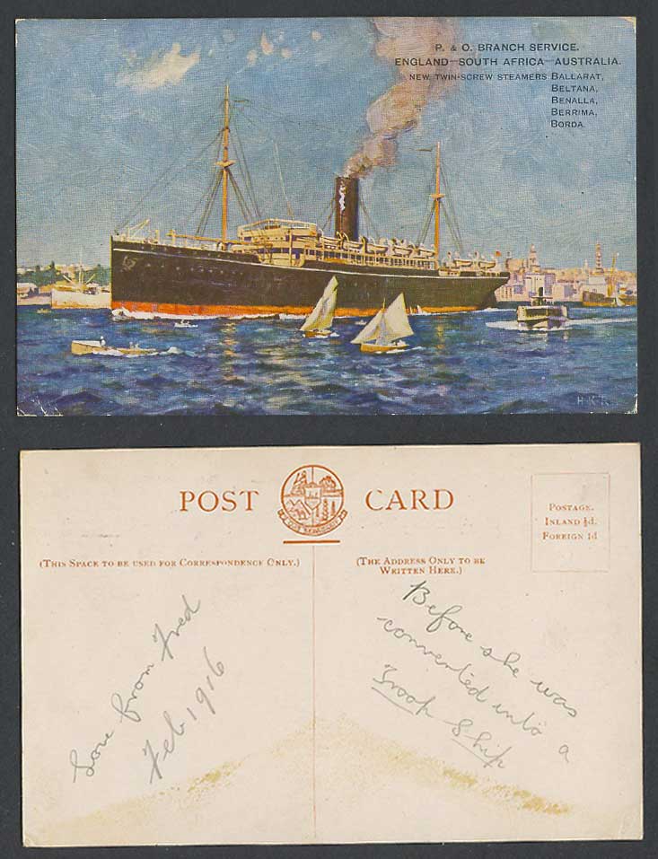 H.K.R. 1916 Old Postcard P&O Steamers Ballarat, Beltana, Benalla, Berrima, Borda