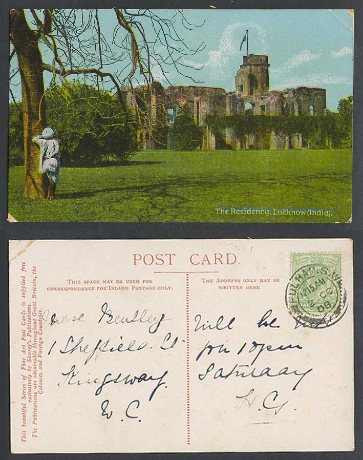 India 1908 Old Colour Postcard The Presidency Lucknow Ruins Man by Tree Shurey's