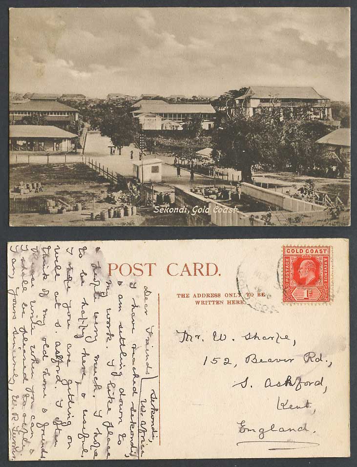 Gold Coast Ghana KE7 1d stamp 1906 Old Postcard Sekondi, Street Scene, Panorama