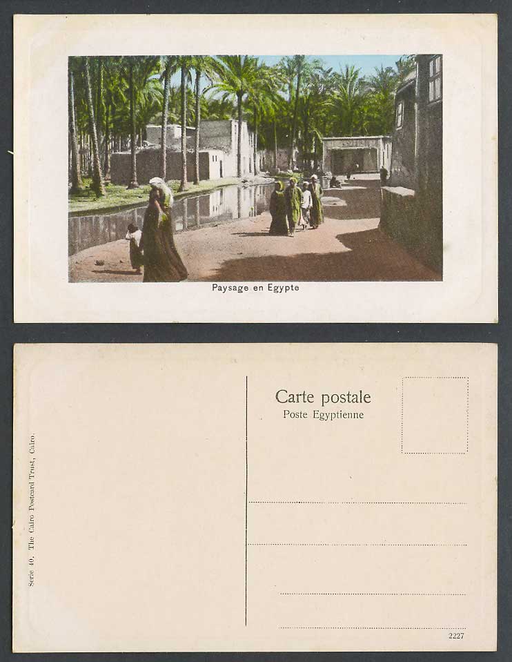 Egypt Old Embossed Postcard Paysage en Egypte, River Palm Trees, Native Children