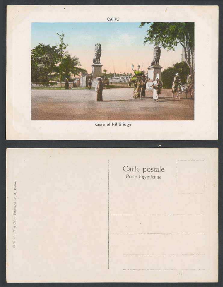 Egypt Old Postcard Cairo Kasre-el-Nil Nile Bridge Lion Statues Camel Donkey 2238