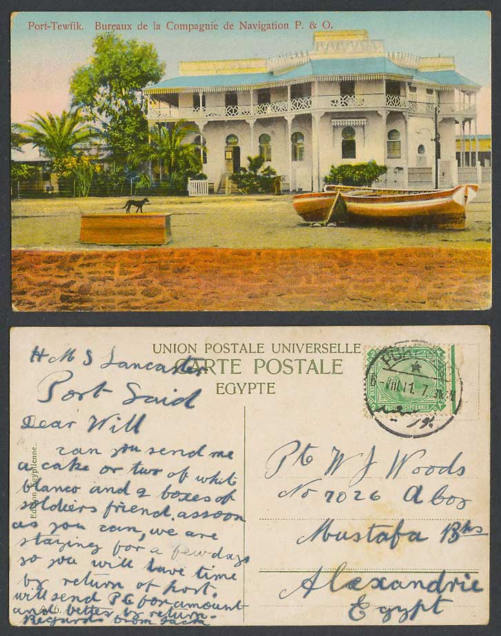 Egypt 1911 Old Postcard Port Tewfik Bureaux de la Compagnie de Navigation PO Dog