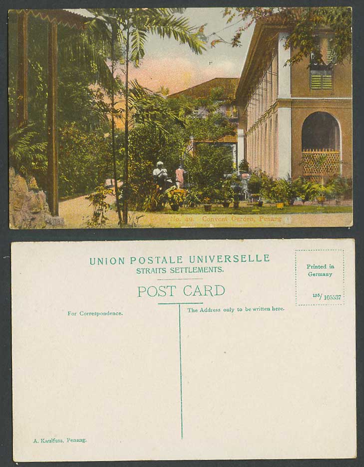 Penang Old Colour Postcard Convent Garden Gardens Pots Plants Malaya A. Kaulfuss