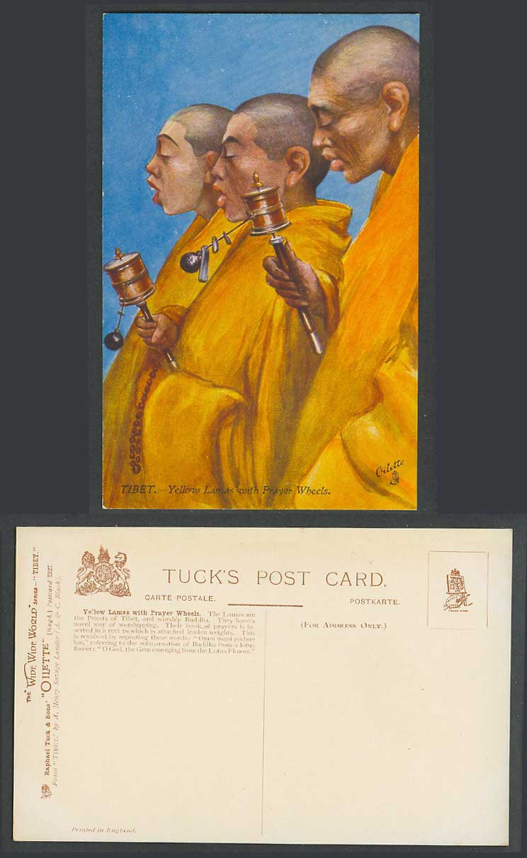 TIBET China India Old Tuck's Postcard Tibetan Yellow Lama Lamas & Prayer Wheels