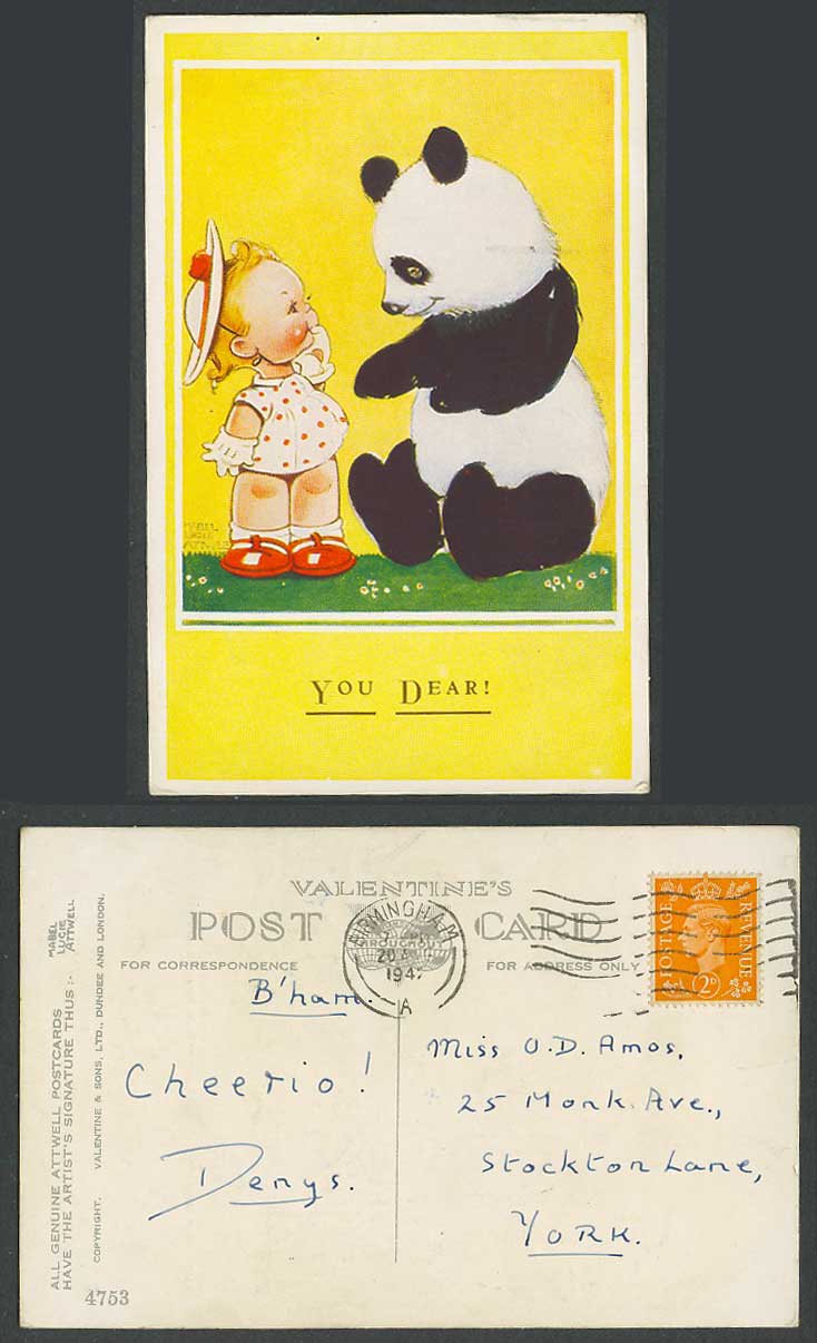 MABEL LUCIE ATTWELL 1942 Old Postcard China Chinese GIANT PANDA - You Dear! 4753