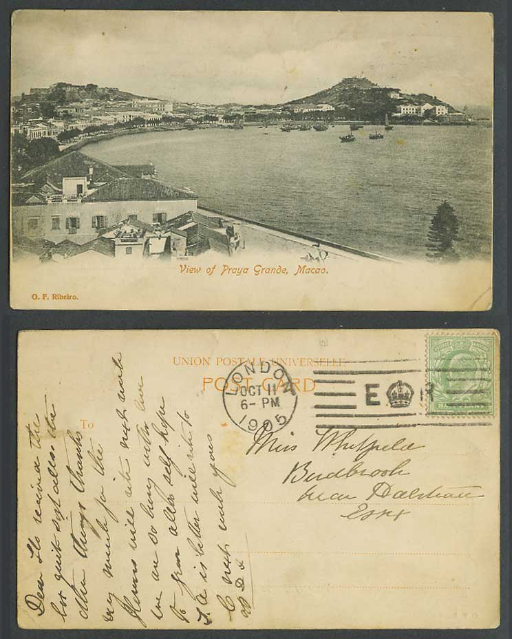 Macau Macao China 1905 Old Postcard Praya Grande, Boats Harbour Hills Lighthouse