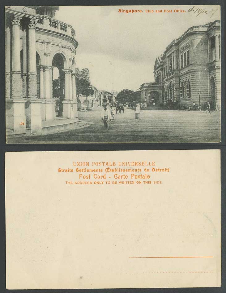 Singapore Club and General Post Office 1907 Old Postcard Street Scene G.P.O. GPO