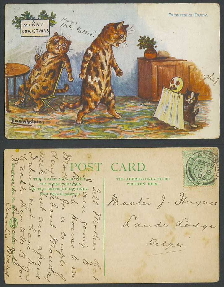 LOUIS WAIN Artist Signed Cats Kitten Frightening Daddy M. Xmas 1905 Old Postcard