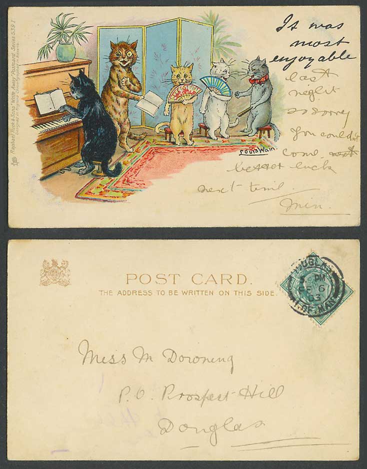 LOUIS WAIN Artist Signed Cats Most Enjoyable 1903 Old Postcard Tuck's Write Away