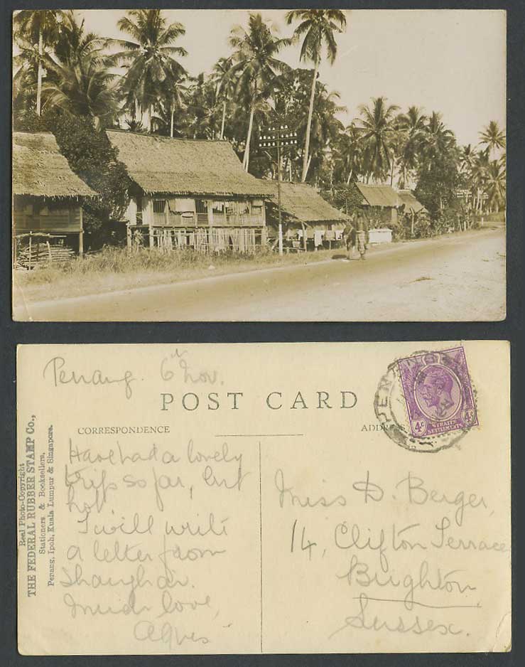 Penang KG5 4c 1928 Old Real Photo Postcard Native Houses Street Scene Palm Trees
