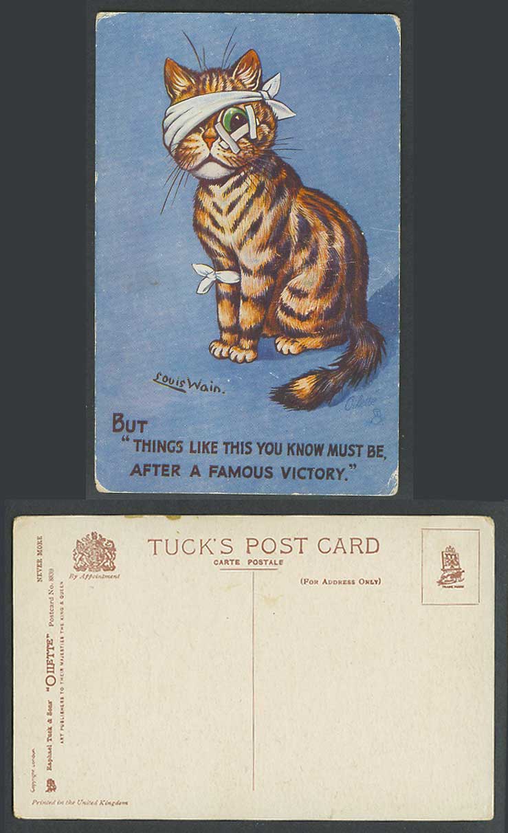 Louis Wain Artist Signed Cat, Wounded After a Famous Victory Old Tuck's Postcard
