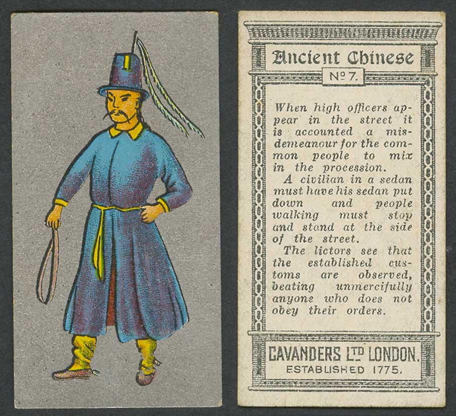China 1926 Cavanders Old Cigarette Card Ancient Chinese Lictor Whip Costumes N.7