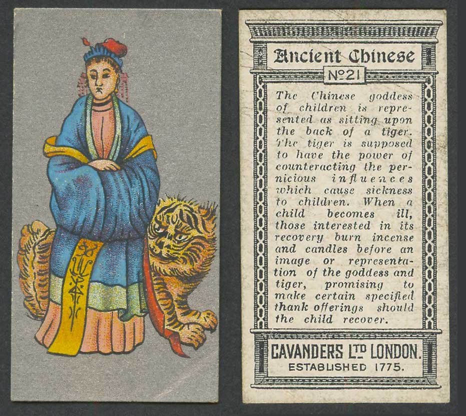 China 1926 Cavanders Old Cigarette Card Ancient Chinese Children's Goddess Tiger