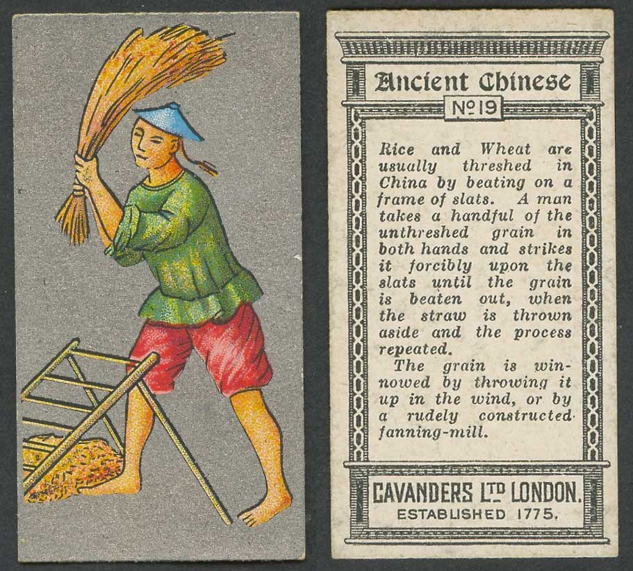 China 1926 Cavanders Cigarette Card Ancient Chinese Farmer Threshing Rice, Wheat