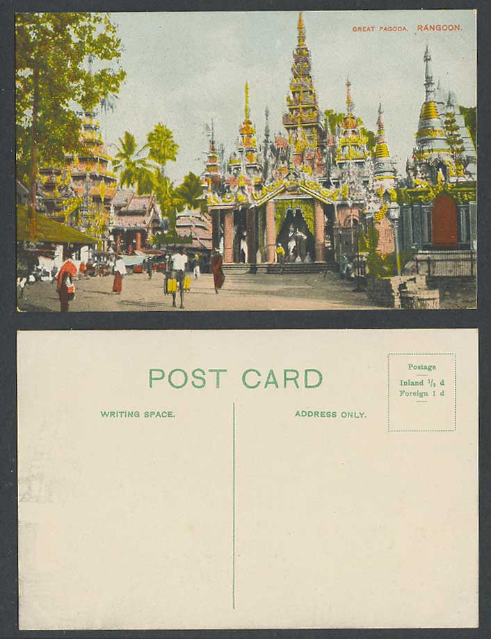 Burma Old Colour Postcard Great Pagoda Rangoon, Burmese Temple Palm Trees Coolie