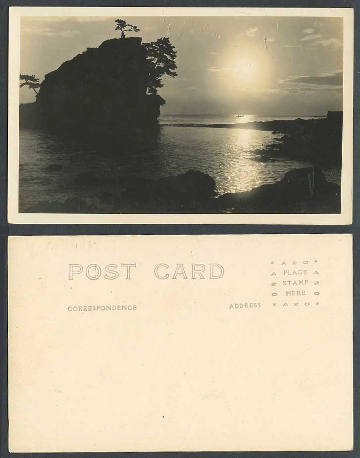 Japan Old Real Photo Postcard Pine Trees on Rock Small Island Isle Sun Panorama